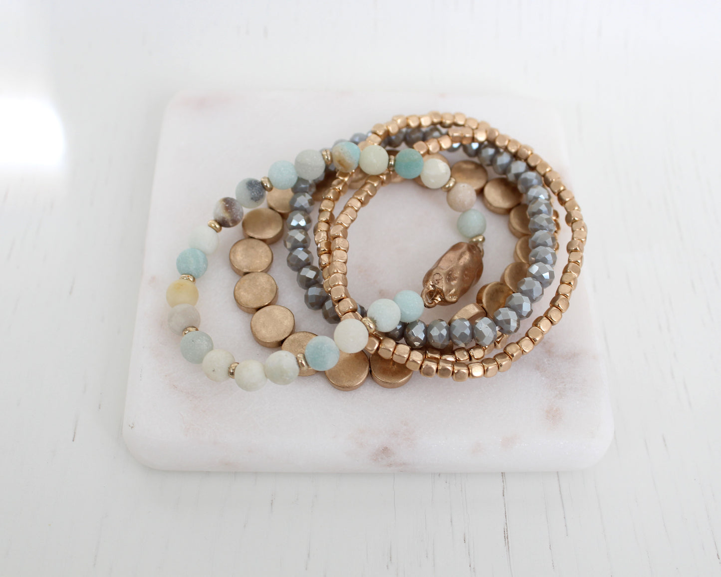Brooklyn Multiple beads Layering Bracelet sets/Amazonite Gemstone Gold dainty disk