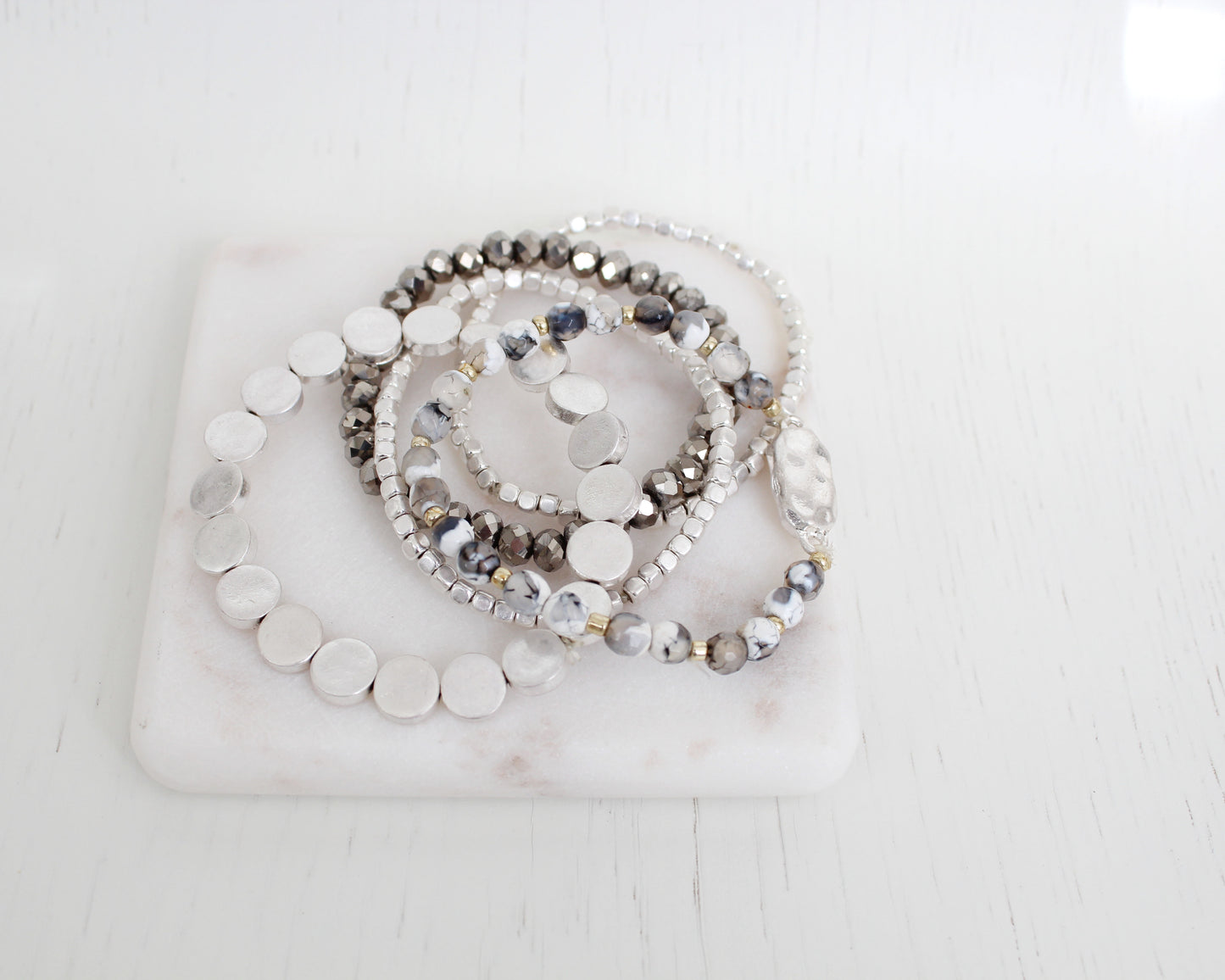 Brooklyn Multiple beads Layering Bracelet sets/  Gray Hematite Silver dainty disk