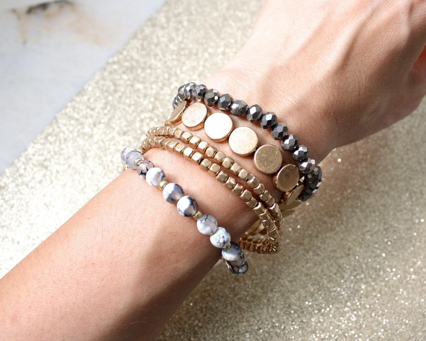 Brooklyn Multiple beads Layering Bracelet sets/Onyx Hematite Gold dainty disk