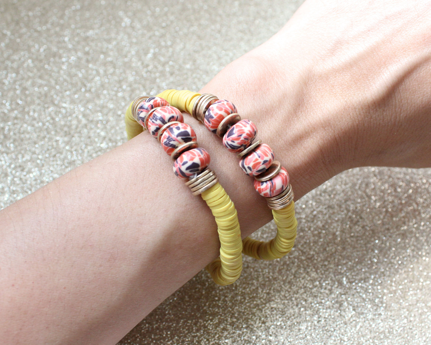 Jeremy Yellow Ethnic printed beads Surfer Heishi Bracelet