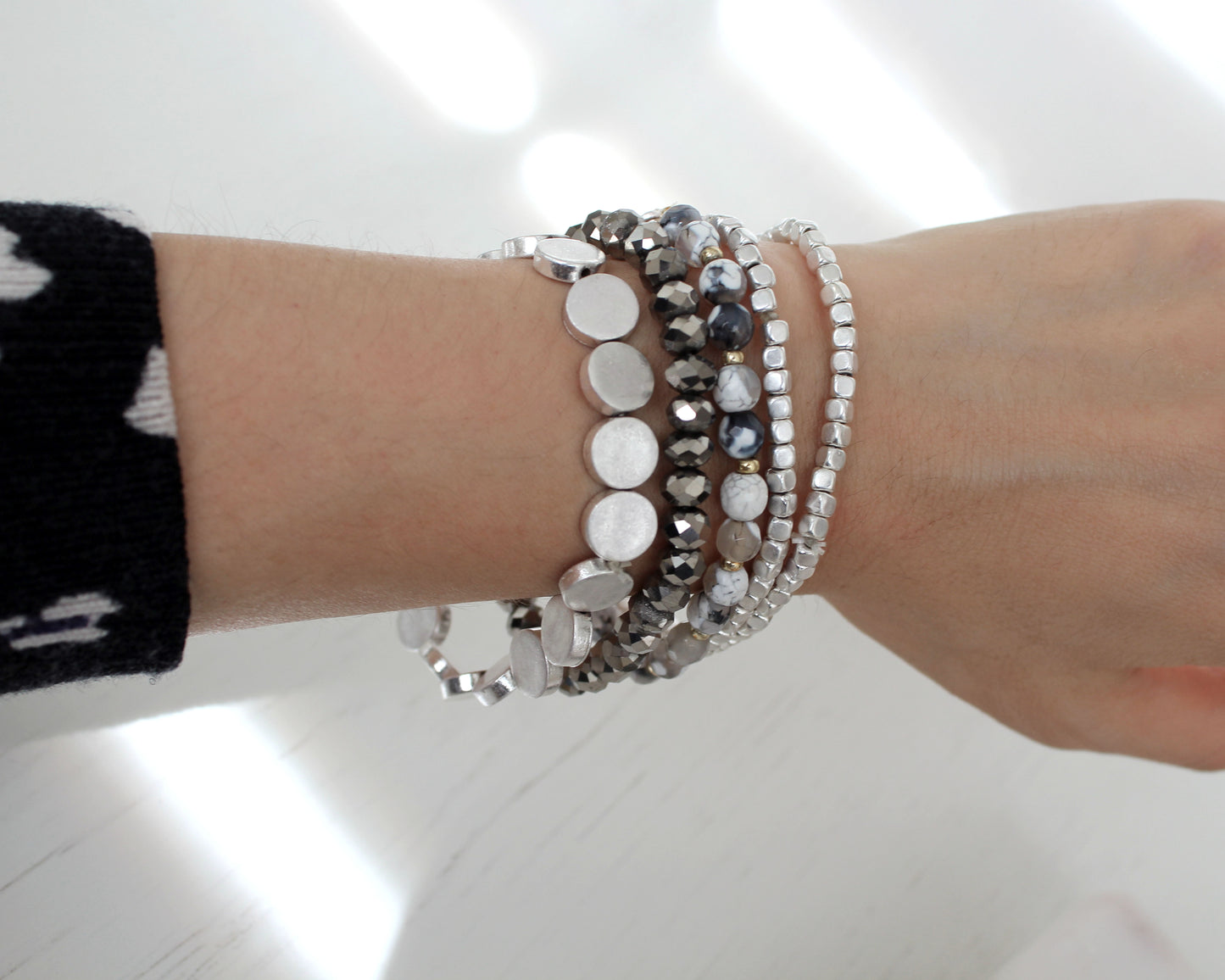 Brooklyn Multiple beads Layering Bracelet sets/marble Howlite Silver dainty disk