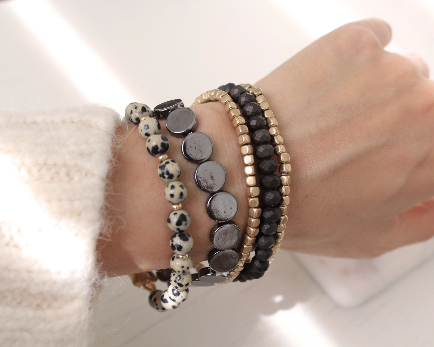 Brooklyn Multiple beads Layering Bracelet sets/Onyx Hematite Gold dainty disk